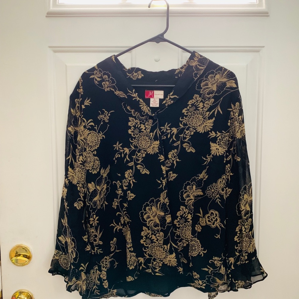 JM Collection Black/Gold Floral Button Up Size 16